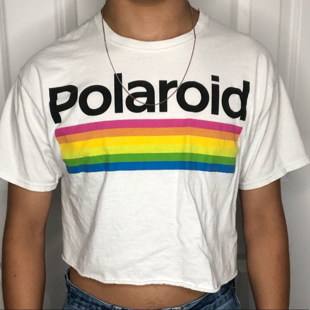 polaroid rainbow graphic white crop top